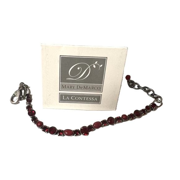 Mary DeMARCO La Contessa vintage designer bracelet Faux Garnet/Ruby Pewter 6"-8" - Picture 6 of 8